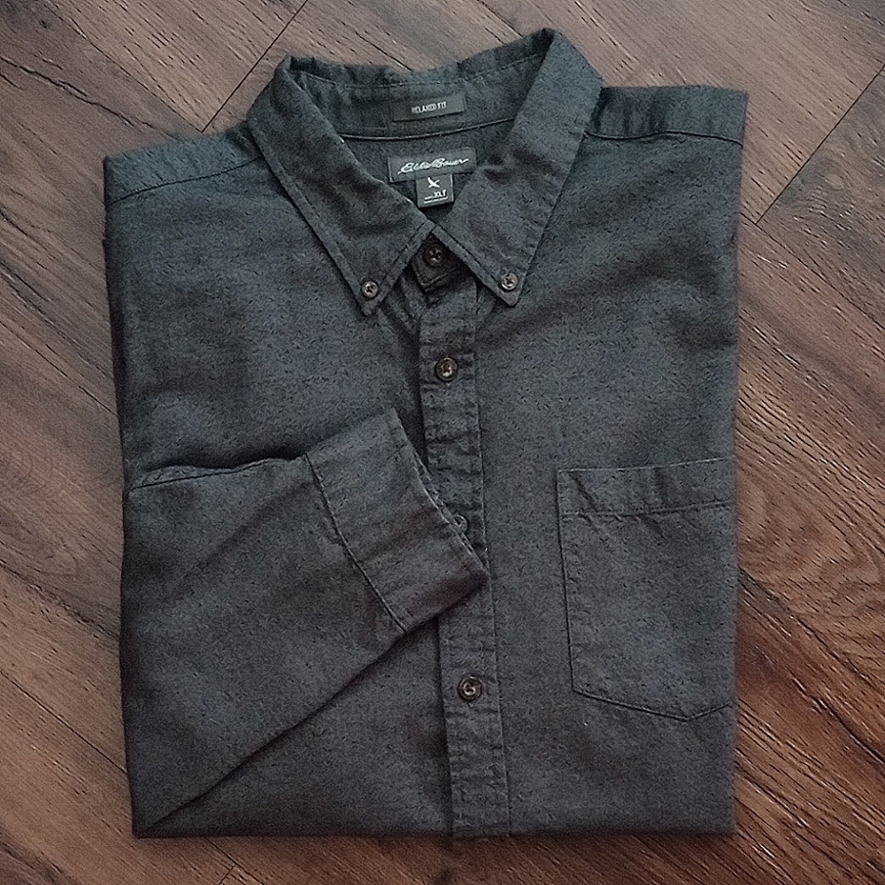 Eddie Bauer Men's Dark Grey Long Sleeve Relaxed Fit Button Flannel Shirt, XLT